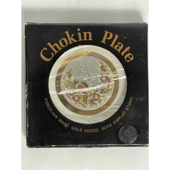 Happy Anniversary Chokin Plate Porcelain Ware Gold Plated Metal Display Stand - Picture 1 of 7